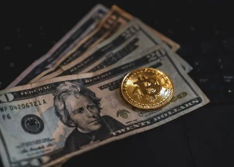 Gold Bitcoin Cryptocurrency Token on Computer Laptop Stock-Fotos