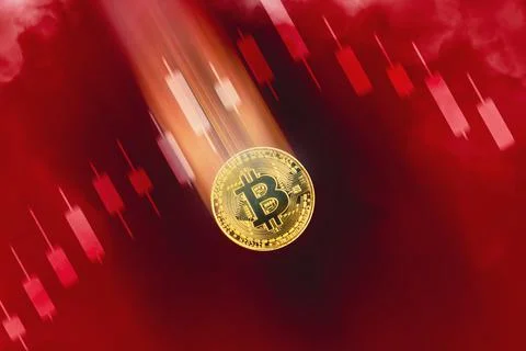Gold Bitcoin decreasing value and price fall, candle stick graph chart downtr 写真素材