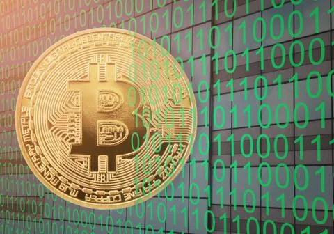Gold bitcoin on digital binary number background. 스톡 사진