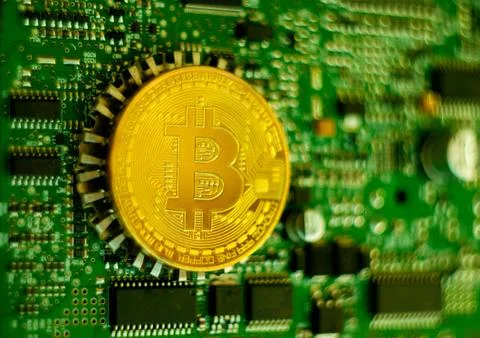 Gold Bitcoin electronic computer processor board 스톡 사진