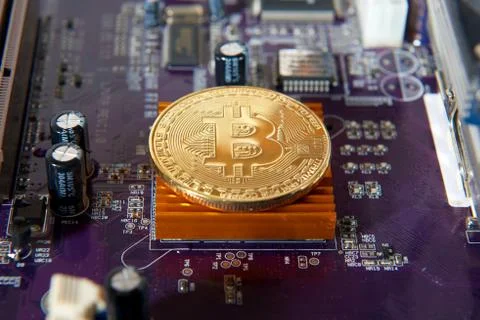Gold Bitcoin electronic computer processor board 스톡 사진