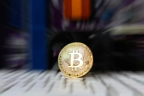 Gold Bitcoin electronic computer processor board 写真素材