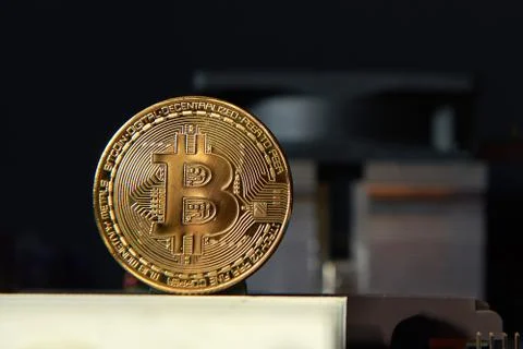 Gold Bitcoin electronic computer processor board 写真素材