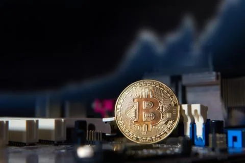 Gold Bitcoin electronic computer processor board 스톡 사진