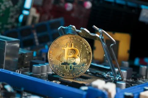 Gold Bitcoin electronic computer processor board. Mining 写真素材