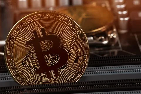 Gold Bitcoin electronic computer processor board 스톡 사진