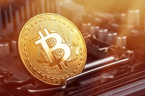 Gold Bitcoin electronic computer processor board 스톡 사진