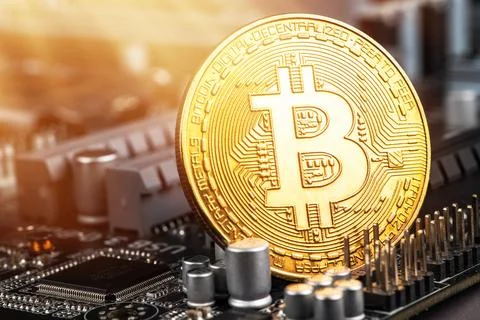 Gold Bitcoin electronic computer processor board 스톡 사진
