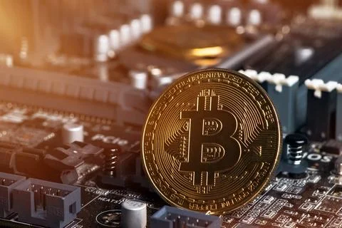 Gold Bitcoin electronic computer processor board 写真素材