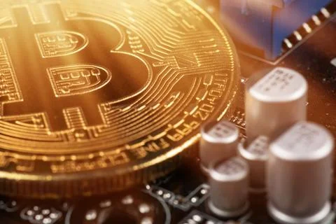 Gold Bitcoin electronic computer processor board Stock Photos