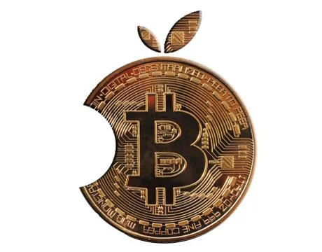 Gold bitcoin in the form of a bite orange. Isolated white background. Foto stock