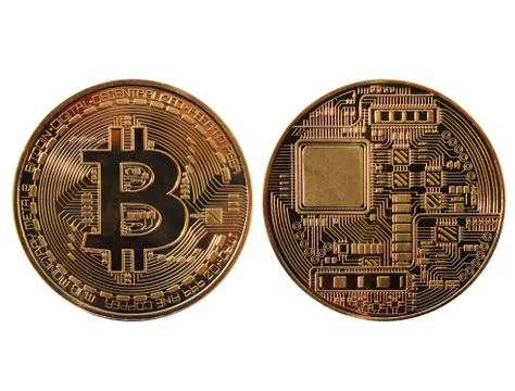 Gold bitcoin in the form of a bite orange. Isolated white background. Stock Photos