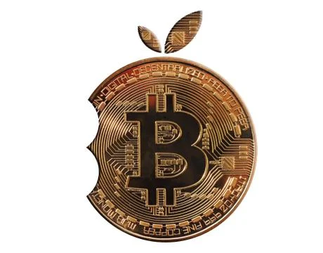 Gold bitcoin in the form of a bite orange. Isolated white background. Stock Photos