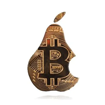 Gold bitcoin in the form of a bite pear. Isolated white background. Stock Photos