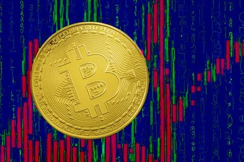 Gold bitcoin with performance over time graph background. Stock Photos