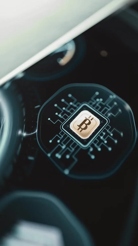 Gold Bitcoin processor with cyan circuits Stock Footage 344852437