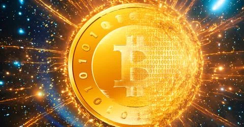 Gold bitcoin in space. Cryptocurrency concept. 스톡 일러스트