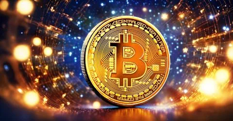 Gold bitcoin in space. Cryptocurrency concept. Stock Illustration