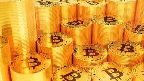 Gold bitcoin stacks (Selective focus). Cryptocurrency is virtual money. Block Illustrazione stock