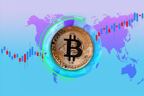 Gold bitcoin, tech background, electronic payment system, diagrams, sale char Stock Photos