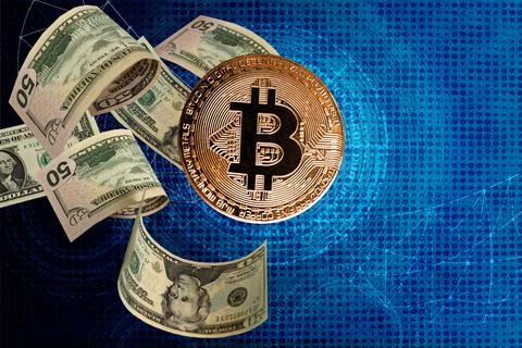 Gold bitcoin, tech background, electronic payment system, diagrams, sale char Stock Photos