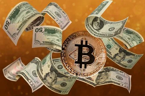 Gold bitcoin, tech background, electronic payment system, diagrams, sale char Stock Photos