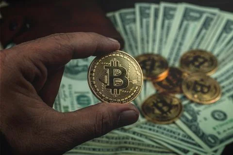 Gold bitcoin, on top of dollar stack. Stock Photos