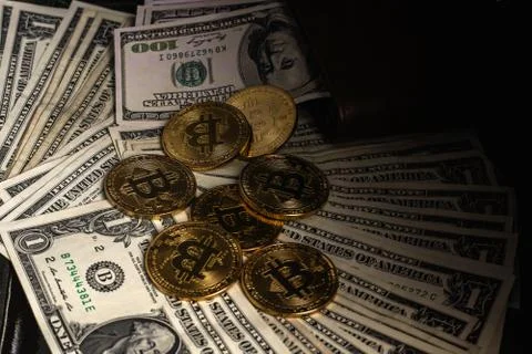 Gold bitcoin, on top of dollar stack. Stock Photos