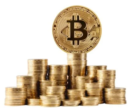 Gold bitcoin on top of the highest stack of coins Stock Photos