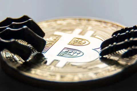 On the gold bitcoin, two skeletons were laid down by the fingers. Protection  Stock Photos
