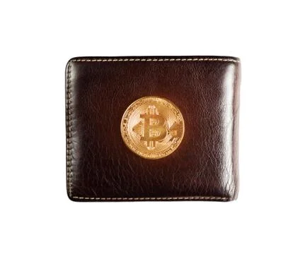 Gold bitcoin on wallet. Stock Photos