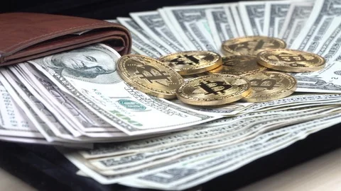 Gold bitcoinand  dollar stacks Stock Footage 85516845