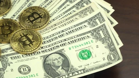 Gold bitcoinand  dollar stacks Stock Footage 85516851