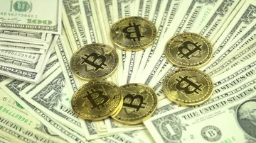 Gold bitcoinand  dollar stacks Video stock 85516883