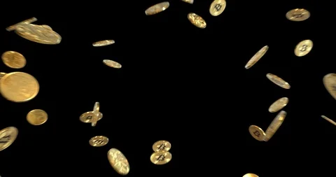 Gold bitcoins falling 3d cryptocurrency rain 4k with matte Stock Footage 93042247