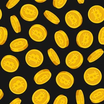 Gold Bitcoins Seamless Pattern with Black Background. Vector Stock Illustration
