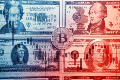 Gold bitcoins on a stack of coins with chart of growing and falling valuance of Stock Photos