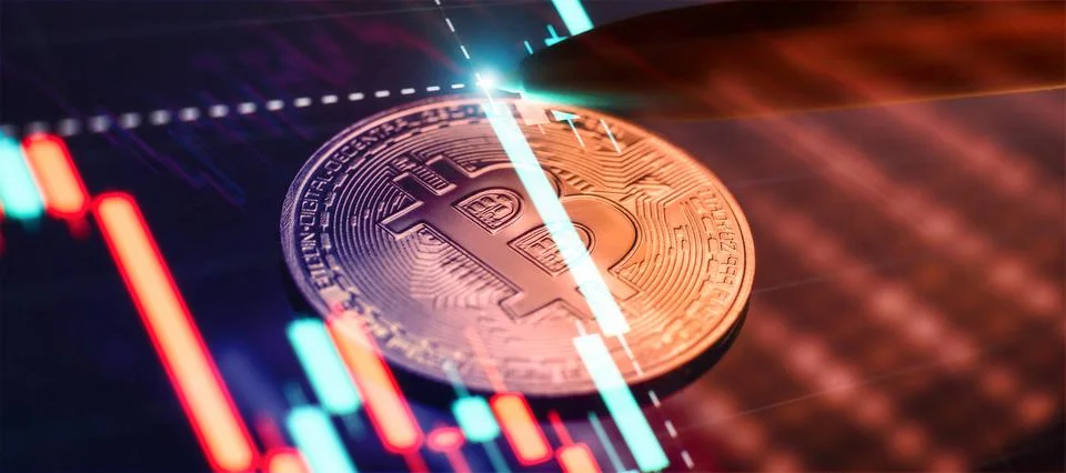 Gold bitcoins on a stack of coins with chart of growing and falling valuance Stock Photos