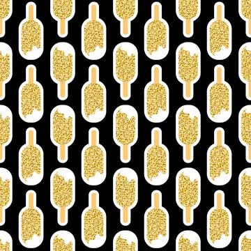 Gold black seamless pattern with ice cream for decorative design, glitter shi Stock Illustration