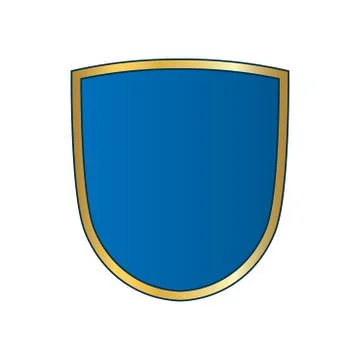 Gold-blue shield shape icon. Bright logo emblem metallic sign isolated on whi Stock Illustration