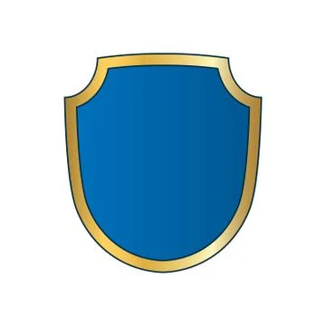 Gold-blue shield shape icon. Bright logo emblem metallic sign isolated on whi Stock Illustration
