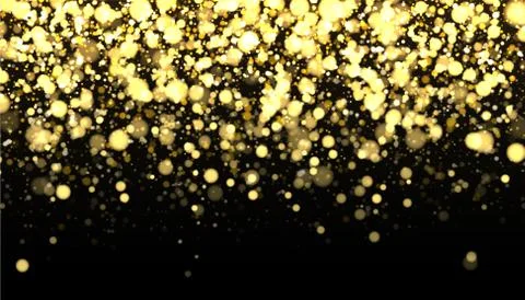 Gold blurred border on black background. Glittering falling confetti backdrop Stock Illustration