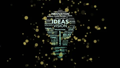 Gold bokeh appearing, word-cloud forming into light-bulb brightening, Stock Footage 326193219
