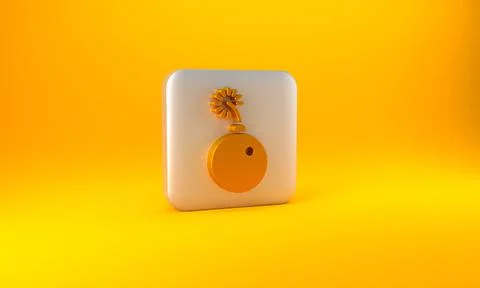 Gold Bomb ready to explode icon isolated on yellow background. Silver square Stockillustratie