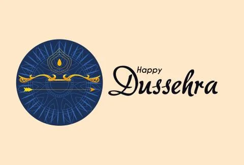 Gold bow with arrow in front of blue mandala ornament of happy dussehra vector Stock Illustration