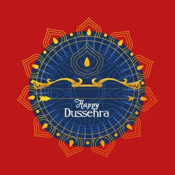 Gold bow with arrow in front of blue mandala ornament of happy dussehra vector Stock Illustration