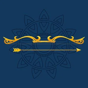 Gold bow with arrow in front of mandala ornament on blue background vector Ilustração Stock