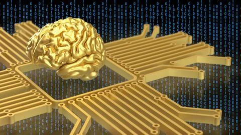 The Gold Brain and Logic for Technology concept 3d Rendering. 스톡 일러스트