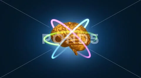 Gold brain with atomic electron paths in orbit - 3D rendered illustration Stock Illustration