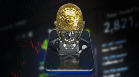 Gold brain in clear head on tablet for business or technology  concept 3d ren Stock Illustration